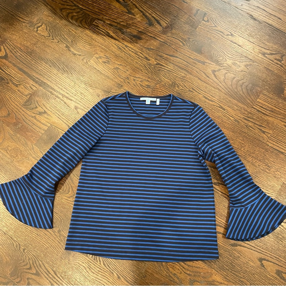 Draper James Blue Black Striped Sadler Bell Sleeve Top Size Medium